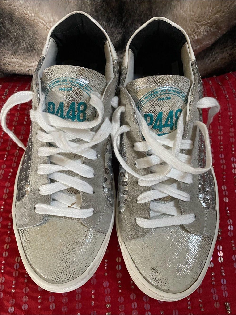 P448 Made in Italy 🇮🇹 Logo White Silver Leather Sneakers In Unused Condition